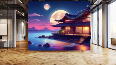 A tranquil Japanese house sits on stilts by the water under a full moon Wall mural