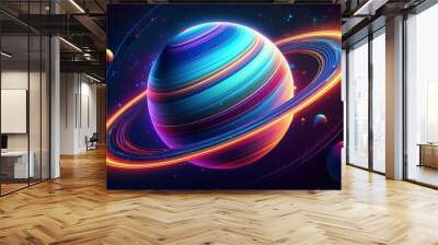 A vibrant colorful planet with a glowing ring system surrounded by stars Wall mural