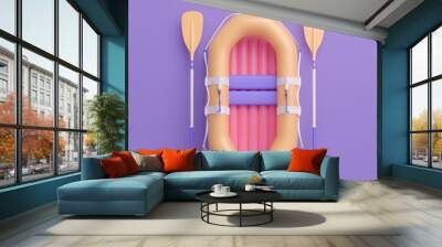 A yellow and pink raft with two oars is ready for adventure, 3D illustration Wall mural