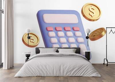 Calculator and Coins: A 3D Illustration of Financial Calculations Wall mural