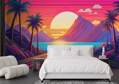 Summer vibes 80s style illustration with car driving Wall mural