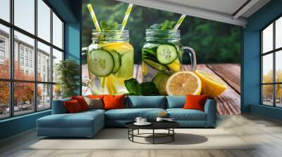 Two mason jars of cucumber and lemon infused water with straws sitting on a wooden table Wall mural