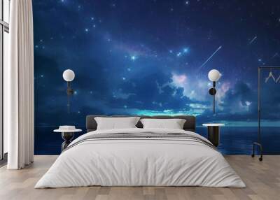 A beautiful night sky with a large cloud and a shooting star. Anime background. Anime sky. Anime wallpaper Wall mural