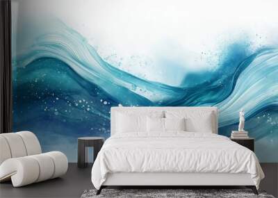 A blue wave with white specks in the water. Abstract water ocean wave, aqua and teal texture. Water wave web banner Graphic Resource as background. Backdrop for copy space text Wall mural