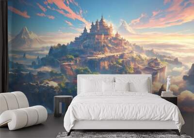 A castle is shown in the sky with mountains in the background. Anime background Wall mural