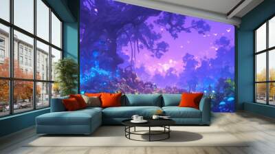 A forest scene with a purple sky and a tree with blue leaves. Anime background Wall mural