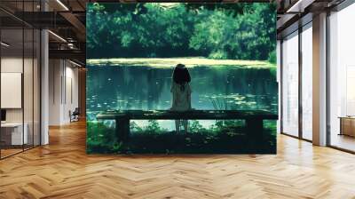 A girl is sitting on a bench by a lake. Anime background, anime wallpaper Wall mural