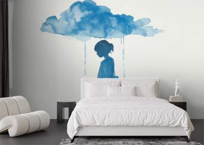 A girl is standing under a blue cloud with rain falling on her. Scene is sad and melancholic Wall mural