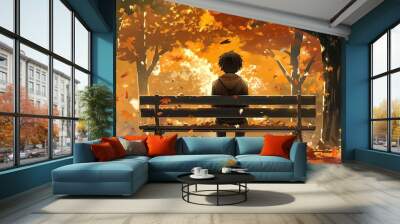 A man sits on a bench in a park with leaves falling around him. Anime background, anime wallpaper Wall mural