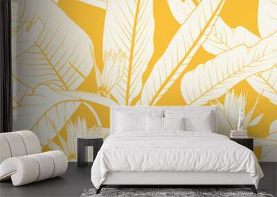 Seamless floral pattern with strelitzia or bird of paradise flowers on yellow background. Summer vector background. Wall mural