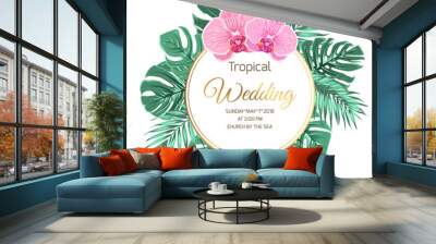 Tropical wedding marriage event invtiation template. Wreath garland frame decoration arrangement. Exotic jungle rainforest palm tree monstera green leaves. Pink purple orchid phalaenopsis flowers. Wall mural