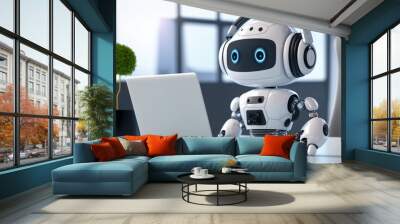 cute white artificial intelligence robot with a Laptop in the office room, office robot, working robot Wall mural