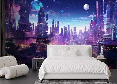 Cyberpunk streets illustration, futuristic city, dystopic artwork at night, 4k wallpaper cyberpunk style. futuristic cyberpunk, neon lights, digital illustration Wall mural