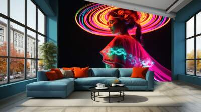 Fabulous Cinco de Mayo female dancer in neon light. Beautiful female model in traditional costume and sombrero dancing. Wall mural