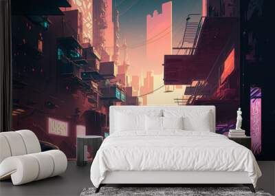 futuristic cyberpunk , neon lights, digital illustration Wall mural