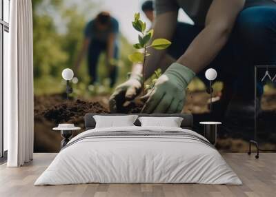 men are planting trees and watering them to help increase oxygen in the air and reduce global warming, Save world save life and Plant a tree Wall mural