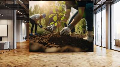 men are planting trees and watering them to help increase oxygen in the air and reduce global warming, Save world save life and Plant a tree Wall mural