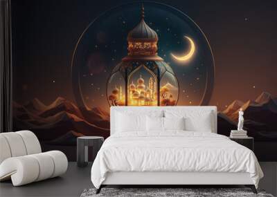 Ramadan Kareem background banner. Islamic Greeting Cards for Muslim Holidays and Ramadan. Blue banner with moon and lantern. Wall mural