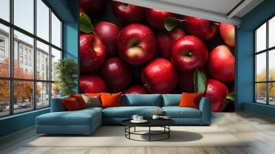 red apples with leaves, closeup with top view, red apple patterns, top view of bright ripe fragrant  Wall mural