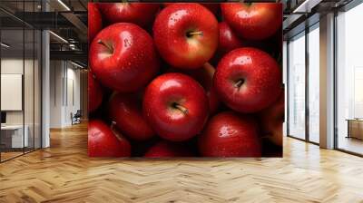 Red apples with leaves, closeup with top view, Red apple patterns, Top view of bright ripe fragrant red apples with water drops as background Wall mural