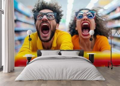 Excited Shoppers Racing with Shopping Cart in Store Wall mural