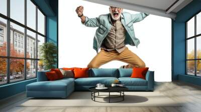 Joyful Senior Man Jumping, Isolated on White Background. Generative ai Wall mural