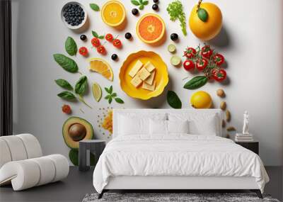 Fresh fruits and vegetables, healthy food, isolated flat lay - generative ai  Wall mural