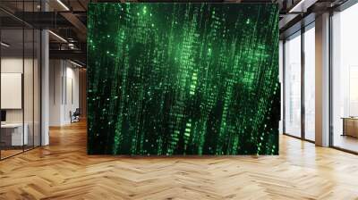 Matrix style background. Green falling code on a dark abstract background. Computer virus and hacker screen wallpaper. Big data. Corrupted code. Wall mural