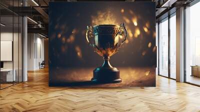 Winner gold trophy with blurred sparks on background. Generative AI Wall mural