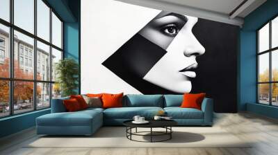 A captivating black and white artwork showcasing a stylized female profile with geometric elements and dramatic contrast. Wall mural