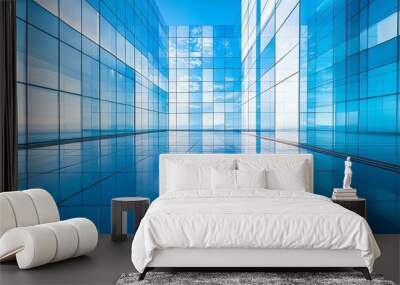 A modern, reflective interior view showcasing sleek glass architecture with a brilliant blue sky accentuating the transparent surfaces. Wall mural