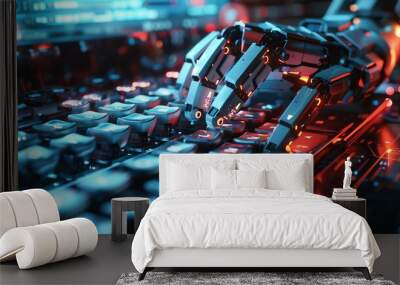 An unusual scene where an oldfashioned typewriter keys morph into robotic arms, typing on a futuristic glowing computer screen Wall mural