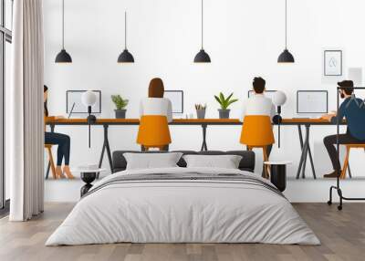 Modern workspace with people collaborating at desks, featuring computers and plants, ideal for business and productivity concepts. Wall mural