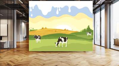 Abstract rural landscape with cows. Vector illustration, fields and meadows with milk drops Wall mural