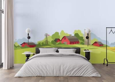 Abstract rural landscape with farm house. Vector illustration, wheat fields and meadows. Harvest time.	 Wall mural