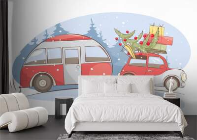 Christmas holiday, Winter vacations / Funny retro car with camping truck goes on a winter trip, vector illustration Wall mural