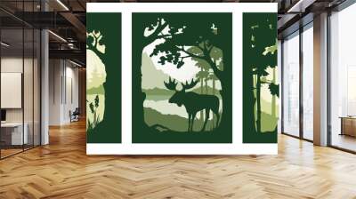 Fairy forest with wild animals. Landscapes with elk, heron and wolf. Nature in a frame of trees. Three vector illustrations.	 Wall mural