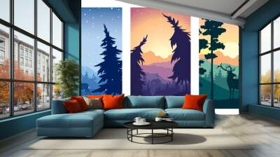 Fairy forest. Abstract landscape with a snowy forest, small house and deer. Three vector illustrations. Wall mural