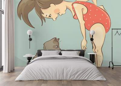 Girl on the scales / Funny vector  illustration, Fat cat very surprised weight hostess Wall mural