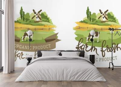 Logotype for farm product / Vector illustration, fields and meadows with cow and mill Wall mural