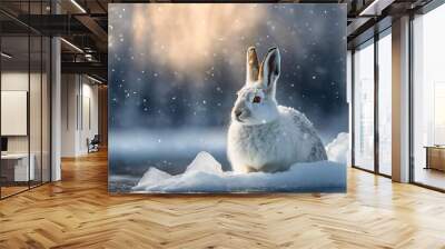 White arctic hare in the snow, blurred background, winter, arctic wildlife Wall mural