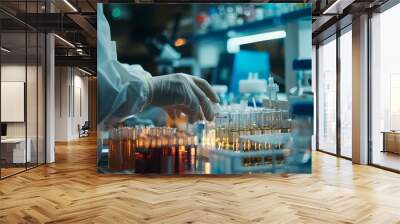 Close up of Gloved Hands Conducting Pharmaceutical Lab Tests with Advanced Equipment Wall mural