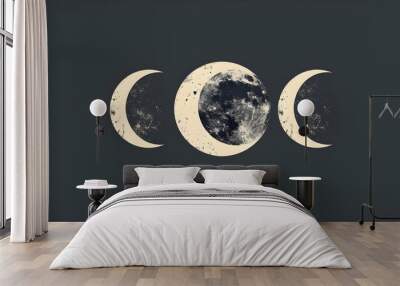 Minimalist Triple Crescent Moon Phases Silhouette in Dark Celestial Sky Wall mural