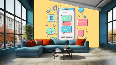 Mobile phone chat message notifications illustration. Colorful speech bubbles boxes on smartphone screen. Wall mural