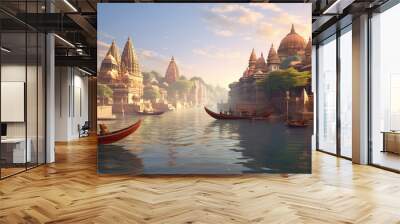 3d illustration of Ancient Varanasi city architecture in the morning with view of sadhu baba enjoying a boat ride on river Ganges. India. Wall mural