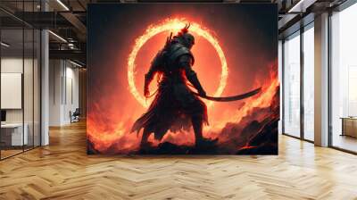 A samurai in a demonic red mask on the battlefield makes a swing with a katana creating a sizzling fire ring around, he is a mystical martial artist. illustration painting (ai generated) Wall mural