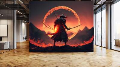 A samurai in a demonic red mask on the battlefield makes a swing with a katana creating a sizzling fire ring around, he is a mystical martial. illustration painting (ai generated) Wall mural