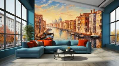 An oil painting of Venetian architecture and water canal in Venice at sunset, Italy. Wall mural