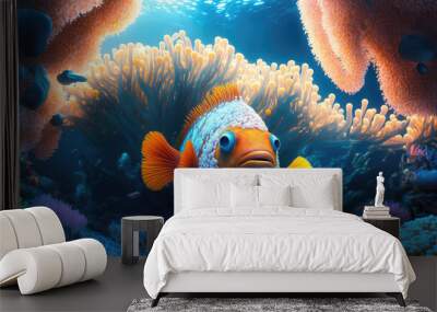 Animals cartoon of the underwater sea world. Ecosystem. Colorful tropical fish. Life in the coral reef. (ai generated) Wall mural