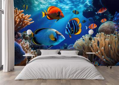 Animals of the underwater sea world. Ecosystem. Colorful tropical fish. Life in the coral reef. (ai generated) Wall mural